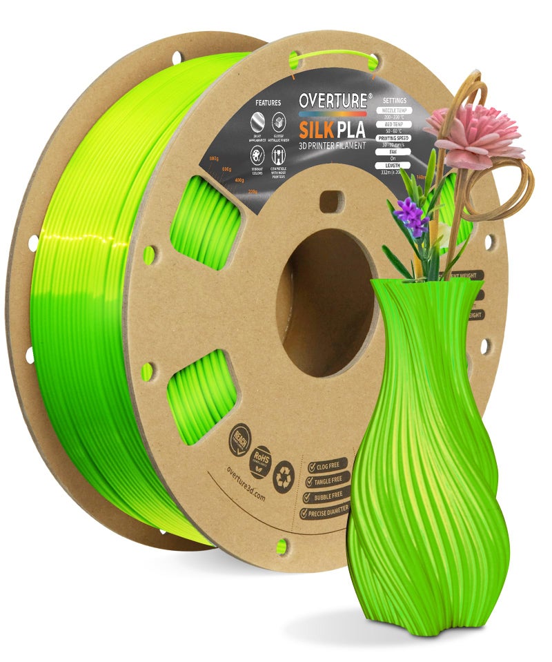 OVERTURE Silk Filament PLA 1.75mm Clog-Free Shiny 3D Printer Filament, 1kg Spool (2.2lbs), Dimensional Accuracy +/- 0.02 mm, Fit Most FDM Printer,Silk Neon Green - Image 1